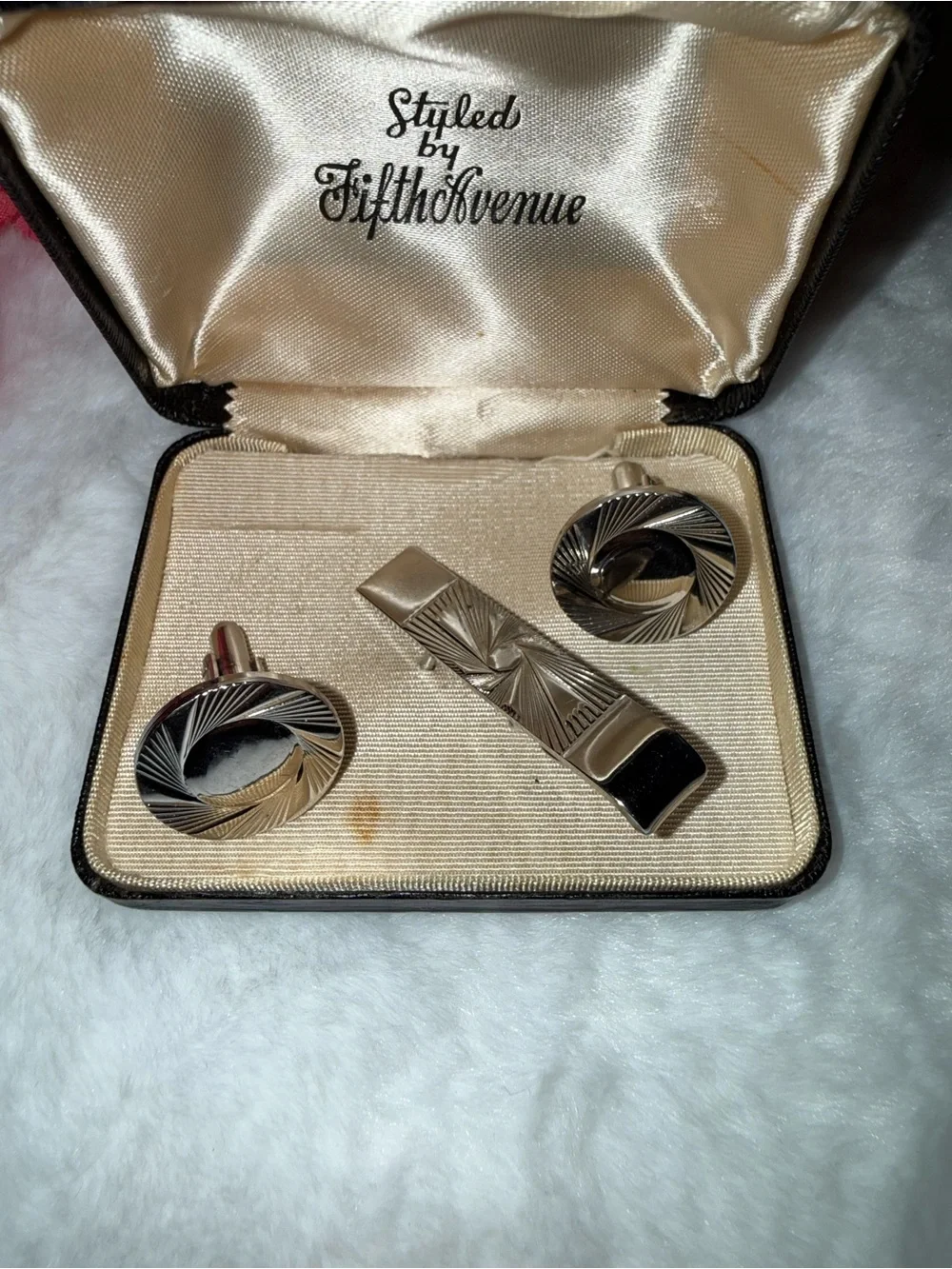 Vintage Fifth Avenue Silver Tone Cufflinks Tie Clip Set w/ Original Box